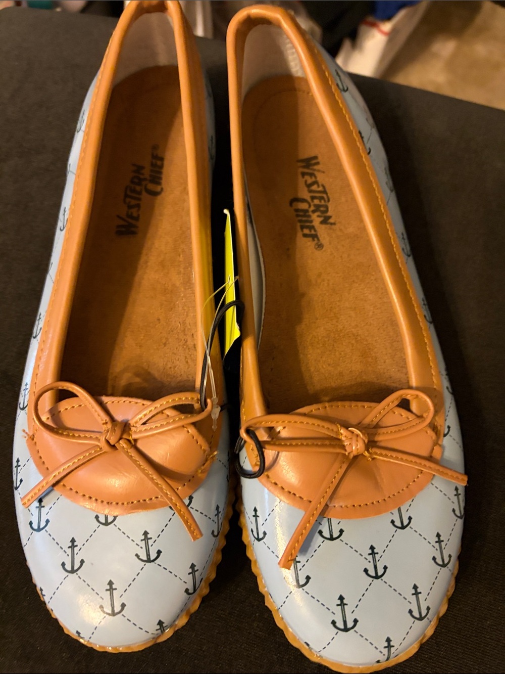 Western Chief Blue Anchor Moccasin Rain Flats with Tan Trim